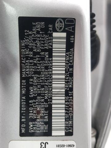 2T1BU4EE9CC882854 - 2012 TOYOTA COROLLA BASE Արծաթագույն լուսանկար 12