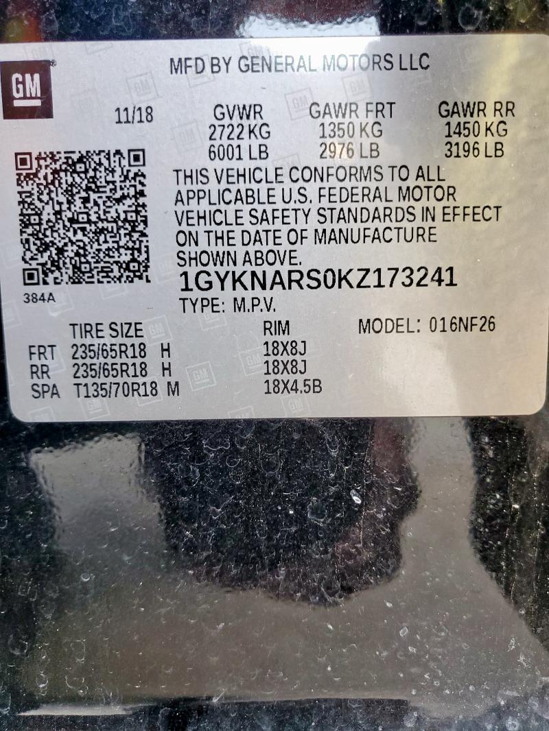 1GYKNARS0KZ173241 - 2019 CADILLAC XT5 BLACK photo 14