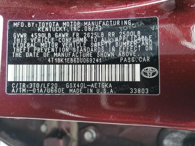 4T1BK1EB6DU069241 - 2013 TOYOTA AVALON BASE მუქწითელი ფოტო 12