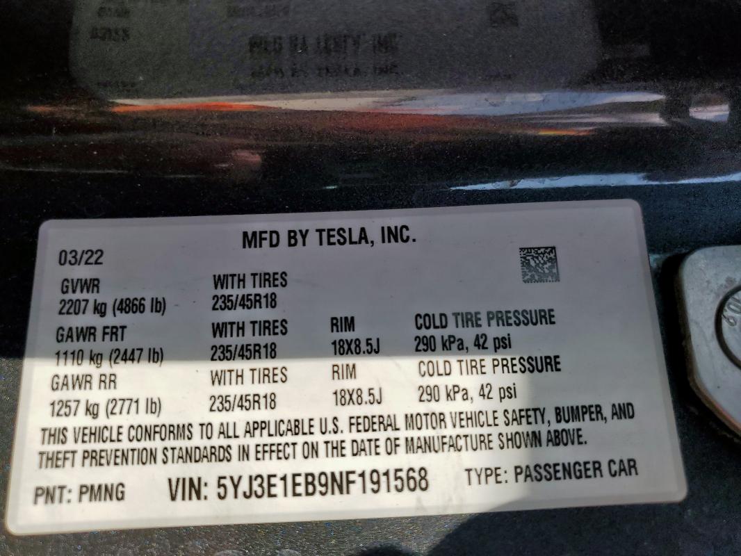 5YJ3E1EB9NF191568 - 2022 TESLA MODEL 3 Графитовый фото 13