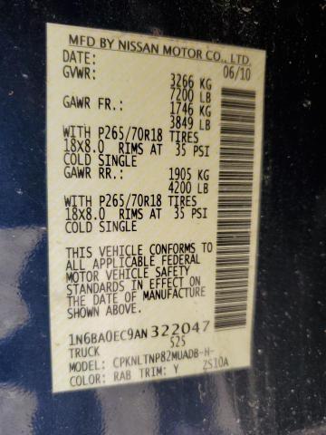 1N6BA0EC9AN322047 - 2010 NISSAN TITAN XE BLUE photo 12