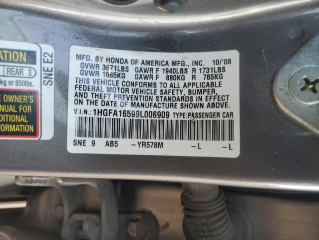 1HGFA16599L006909 - 2009 HONDA CIVIC LX GRAY photo 12