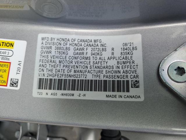 2HGFE2F55NH523772 - 2022 HONDA CIVIC SPORT SILVER photo 12
