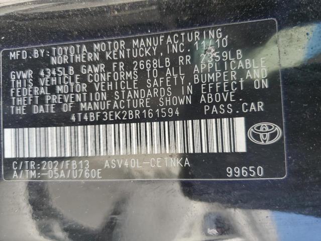 4T4BF3EK2BR161594 - 2011 TOYOTA CAMRY BASE BLACK photo 12