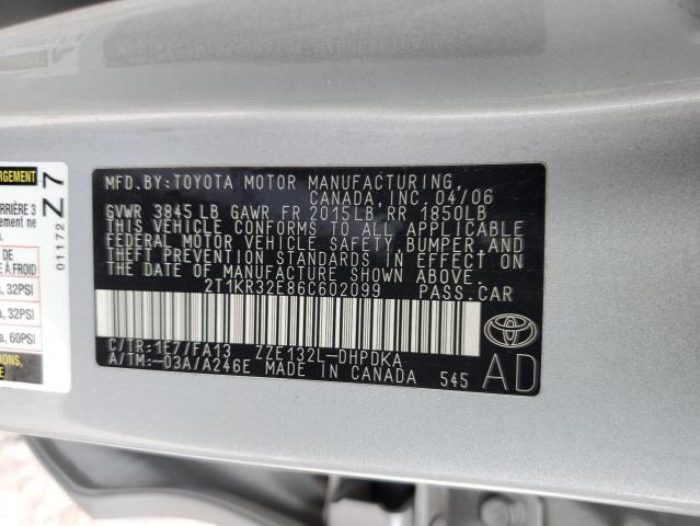2T1KR32E86C602099 - 2006 TOYOTA COROLLA MA XR SILVER photo 12