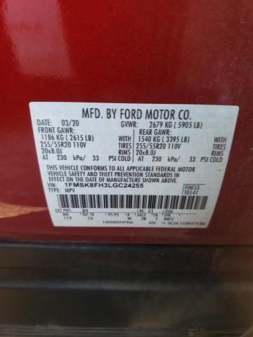 1FMSK8FH3LGC24255 - 2020 FORD EXPLORER LIMITED RED photo 13