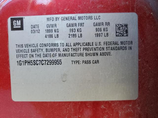 1G1PH5SC7C7299955 - 2012 CHEVROLET CRUZE LTZ RED photo 12