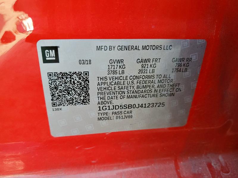 1G1JD5SB0J4123725 - 2018 CHEVROLET SONIC LT RED photo 12