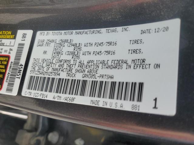 5TFCZ5AN2MX257894 - 2021 TOYOTA TACOMA DOUBLE CAB GRAY photo 12