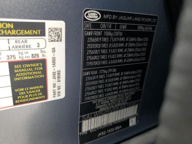 SALWR2RV6KA818963 - 2019 LAND ROVER RANGE ROVE HSE BLUE photo 12