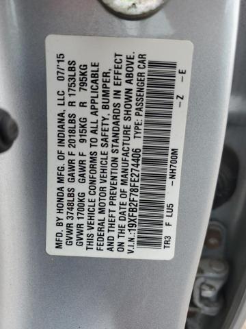 19XFB2F78FE274406 - 2015 HONDA CIVIC SE SILVER photo 13