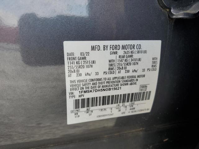 1FMSK7DH5NGB15621 - 2022 FORD EXPLORER XLT GRAY photo 13