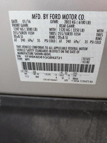 1FM5K8D81GGB92721 - 2016 FORD EXPLORER XLT SILVER photo 13