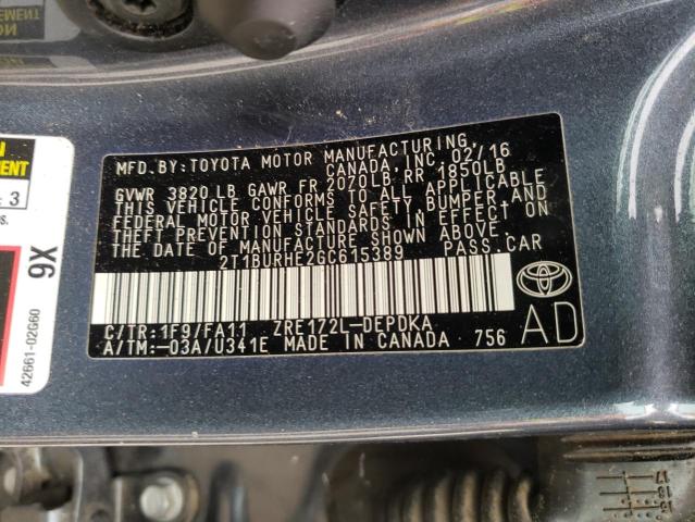 2T1BURHE2GC615389 - 2016 TOYOTA COROLLA L 灰色 照片 12