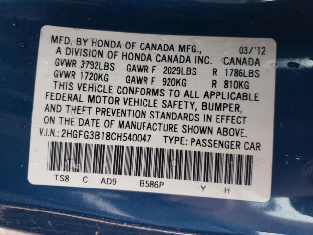 2HGFG3B18CH540047 - 2012 HONDA CIVIC EXL BLUE photo 12