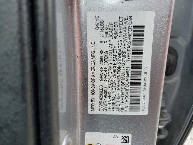 1HGCV1F5XJA155921 - 2018 HONDA ACCORD EXL SILVER photo 12