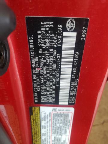 4T1BK46K87U005433 - 2007 TOYOTA CAMRY LE წითელი ფოტო 12
