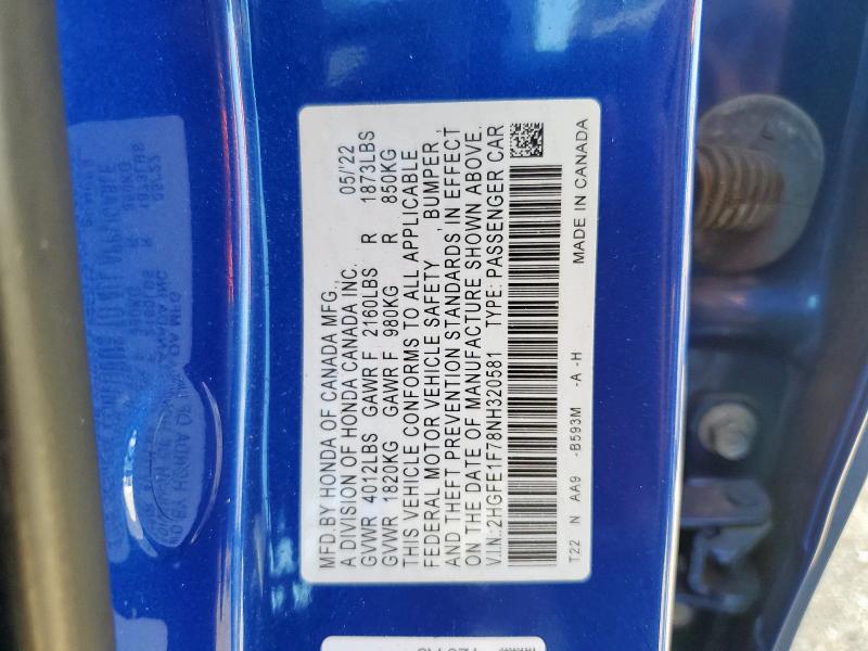 2HGFE1F78NH320581 - 2022 HONDA CIVIC EX BLUE photo 13
