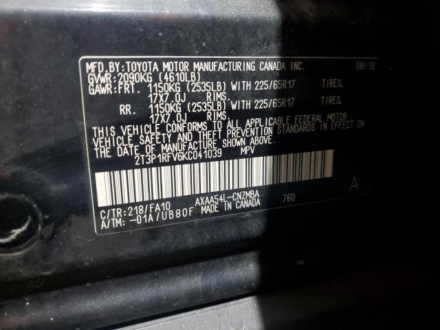 2T3P1RFV6KC041039 - 2019 TOYOTA RAV4 XLE BLACK photo 13