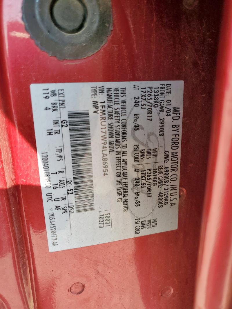 1FMRU17W94LA86954 - 2004 FORD EXPEDITION EDDIE BAUER 勃艮第红 照片 14