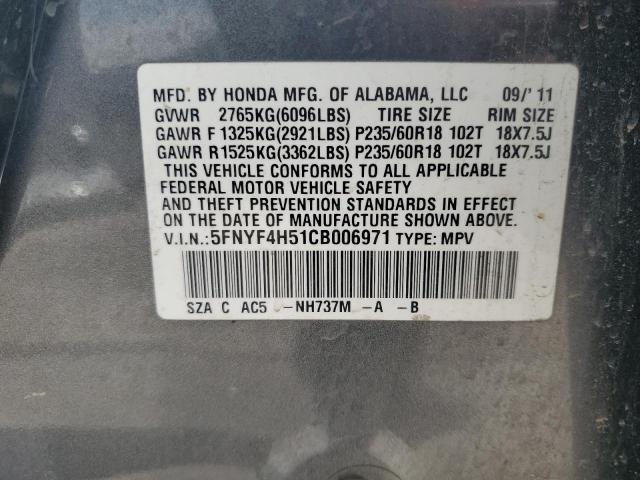 5FNYF4H51CB006971 - 2012 HONDA PILOT EXL GRAY photo 13