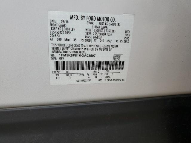 1FM5K8F81KGA03507 - 2019 FORD EXPLORER LIMITED Ақ фото 13