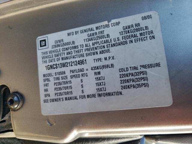 1GNCS13W212124961 - 2001 CHEVROLET BLAZER SILVER photo 12