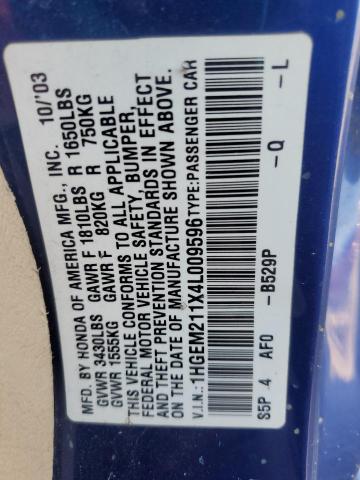 1HGEM211X4L009596 - 2004 HONDA CIVIC DX VP BLUE photo 12