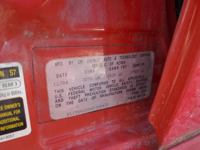 KL1TD62695B388435 - 2005 CHEVROLET AVEO BASE 红色 照片 12