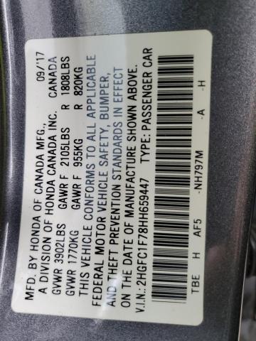 2HGFC1F78HH659447 - 2017 HONDA CIVIC EXL CHARCOAL photo 12