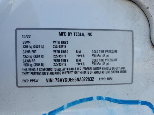 7SAYGDEE6NA022832 - 2022 TESLA MODEL Y თეთრი ფოტო 14