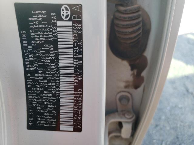 5YFBURHEXKP891554 - 2019 TOYOTA COROLLA L WHITE photo 12