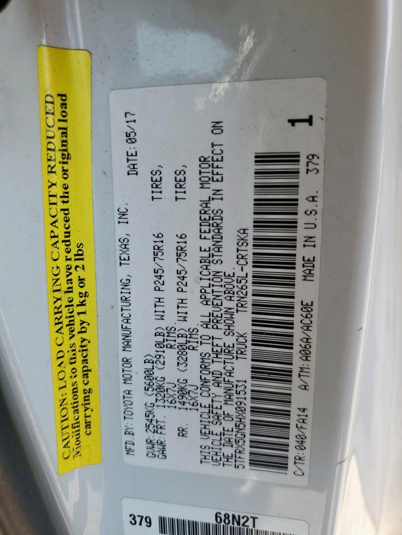 5TFRX5GN5HX091531 - 2017 TOYOTA TACOMA ACCESS CAB WHITE photo 12