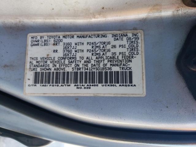 5TBRT3412YS018536 - 2000 TOYOTA TUNDRA ACCESS CAB ვერცხლისფერი ფოტო 12