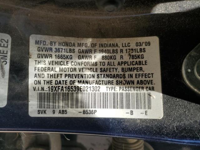 19XFA16539E021302 - 2009 HONDA CIVIC LX BLUE photo 12