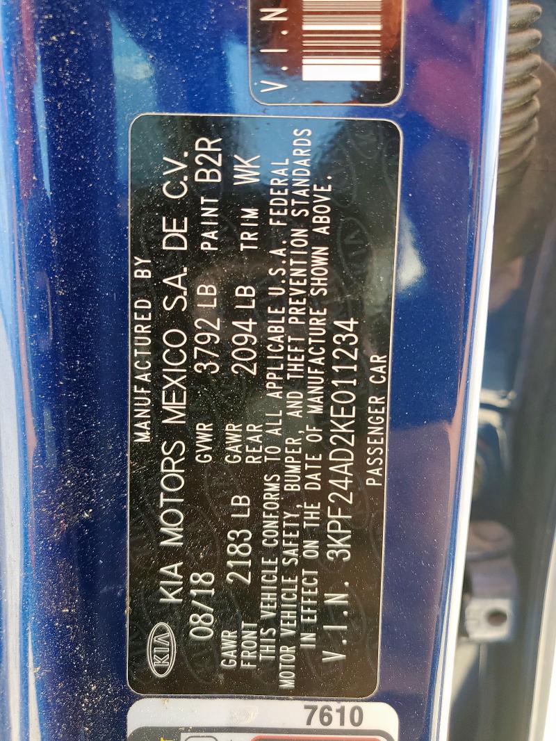 3KPF24AD2KE011234 - 2019 KIA FORTE FE ლურჯი ფოტო 12