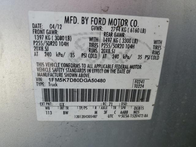 1FM5K7D80DGA50480 - 2013 FORD EXPLORER XLT SILVER photo 13