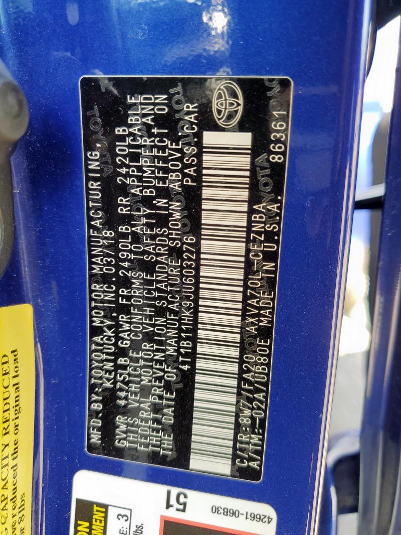 4T1B11HK9JU603276 - 2018 TOYOTA CAMRY L 蓝色 照片 13