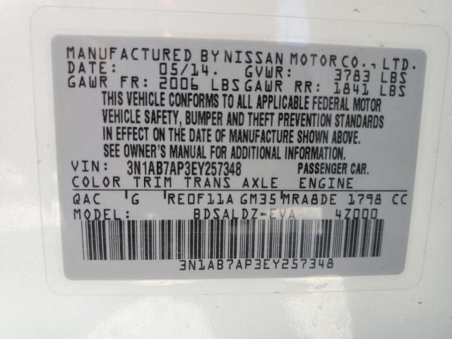 3N1AB7AP3EY257348 - 2014 NISSAN SENTRA S 白色 照片 13