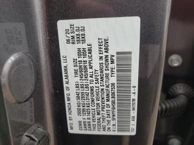 5FNYF6H58LB067536 - 2020 HONDA PILOT EXL GRAY photo 13