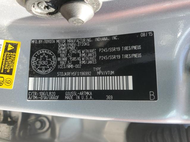 5TDJKRFH5FS196992 - 2015 TOYOTA HIGHLANDER XLE SILVER photo 13