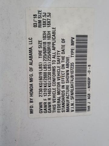 5FNRL6H74JB107235 - 2018 HONDA ODYSSEY EXL WHITE photo 13