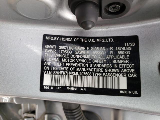 SHHFK7H4XMU407608 - 2021 HONDA CIVIC SPORT 银色 照片 13