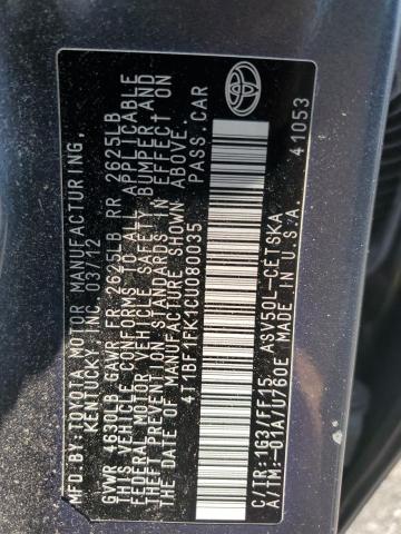 4T1BF1FK1CU080035 - 2012 TOYOTA CAMRY BASE GRAY photo 12