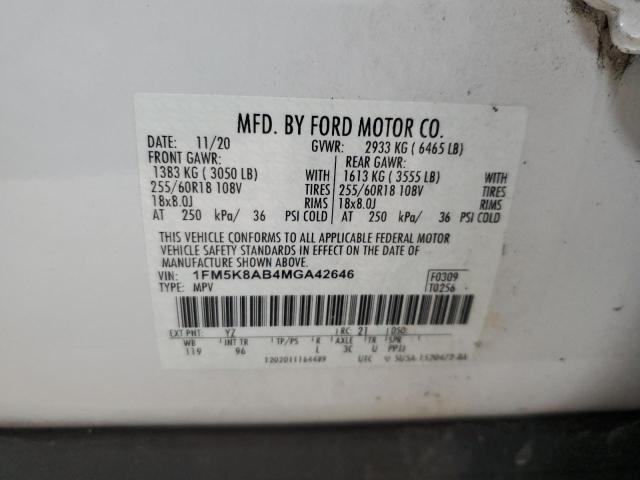 1FM5K8AB4MGA42646 - 2021 FORD EXPLORER POLICE INTERCEPTOR 白色 照片 12