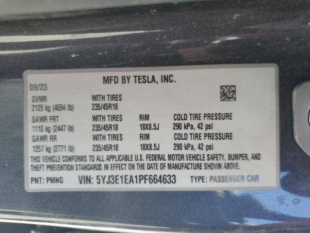 5YJ3E1EA1PF664633 - 2023 TESLA MODEL 3 GRAY photo 13