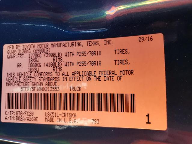 5TFRY5F18HX213553 - 2017 TOYOTA TUNDRA DOUBLE CAB SR/SR5 BLUE photo 12