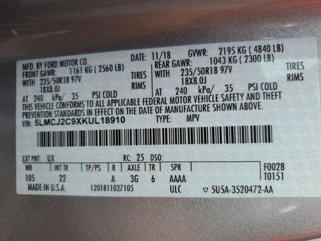 5LMCJ2C9XKUL18910 - 2019 LINCOLN MKC SELECT ვერცხლისფერი ფოტო 13