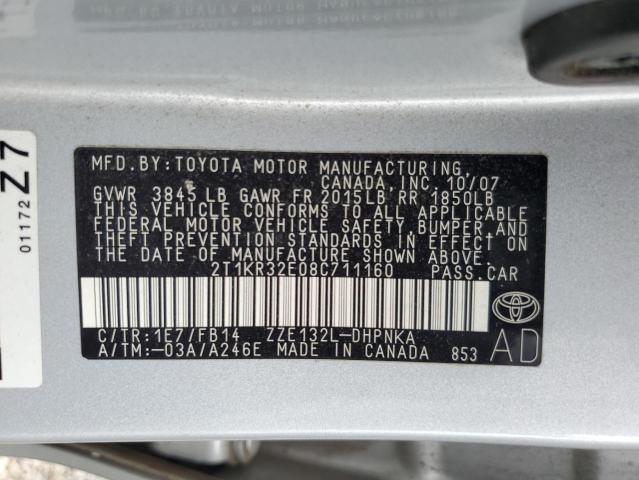 2T1KR32E08C711160 - 2008 TOYOTA COROLLA MA XR SILVER photo 14