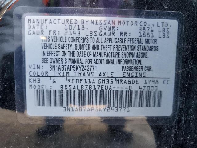 3N1AB7AP5KY243771 - 2019 NISSAN SENTRA S Черный фото 12